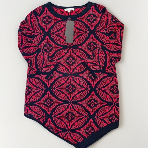 Joan Vass New York Sweater Tunic Size M Black Red Jacquard Asymmetrical Hem - Picture 1 of 11
